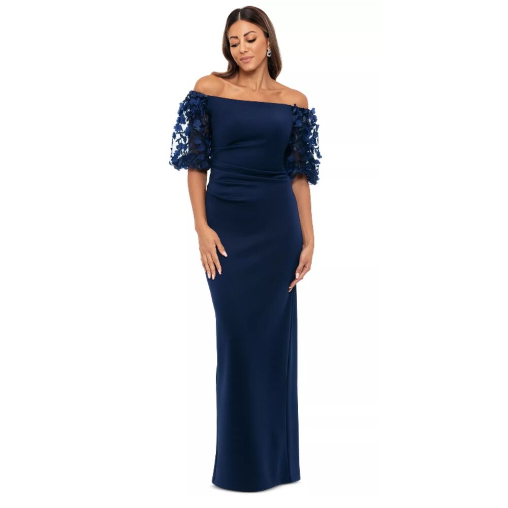 NWT Xscape Off Shoulder Floral Puff Sleeve Evening Gown Maxi Navy Blue Size 6P